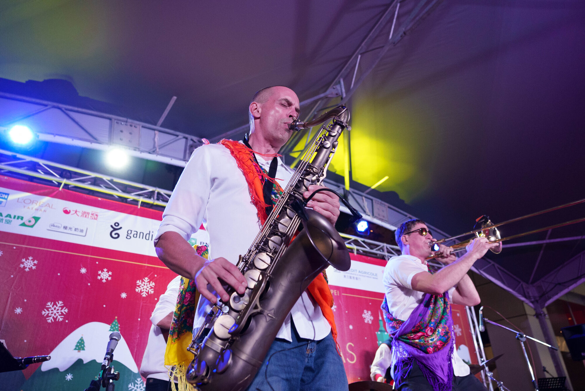 Balkazar saxophonist and trombonist performing at the European Christmas Market