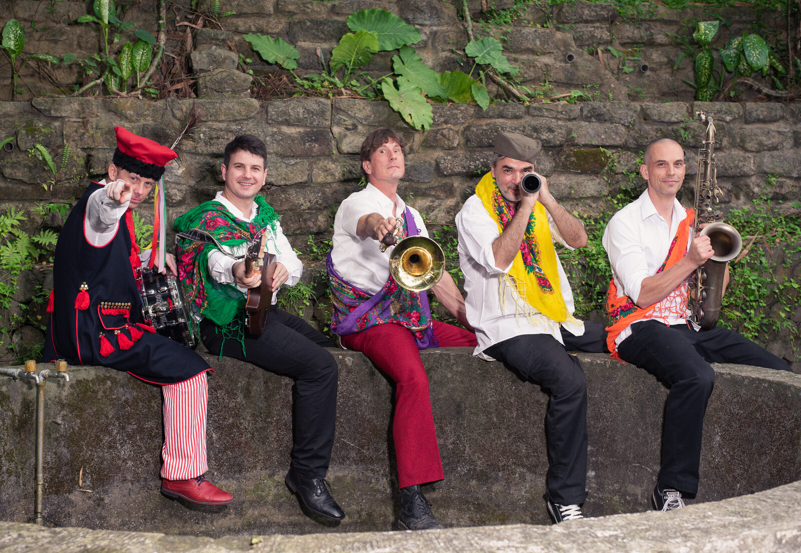 Band members in costume, outdoor portrait
